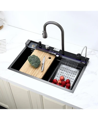 flynama Smart Waterfall Kitchen Sink 304 Stainless Steel Single Bowl Pull Out Faucet Vegetable Basin