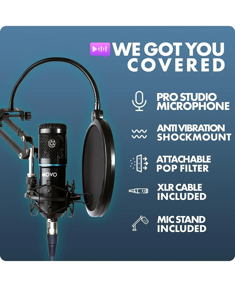 Movo PodPak4A 4-Pack Universal Xlr Condenser Microphone Podcast Equipment Bundle for 4