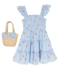 Rare Editions Girls' 7-16 Smocked Bodice Square Neck Dress and Bag, 2-Piece Set