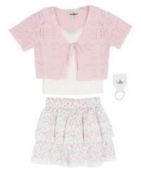 Rare Editions Girls' 7-16 Short-Sleeve Cardigan, Cami and Skirt, 3-Piece Set