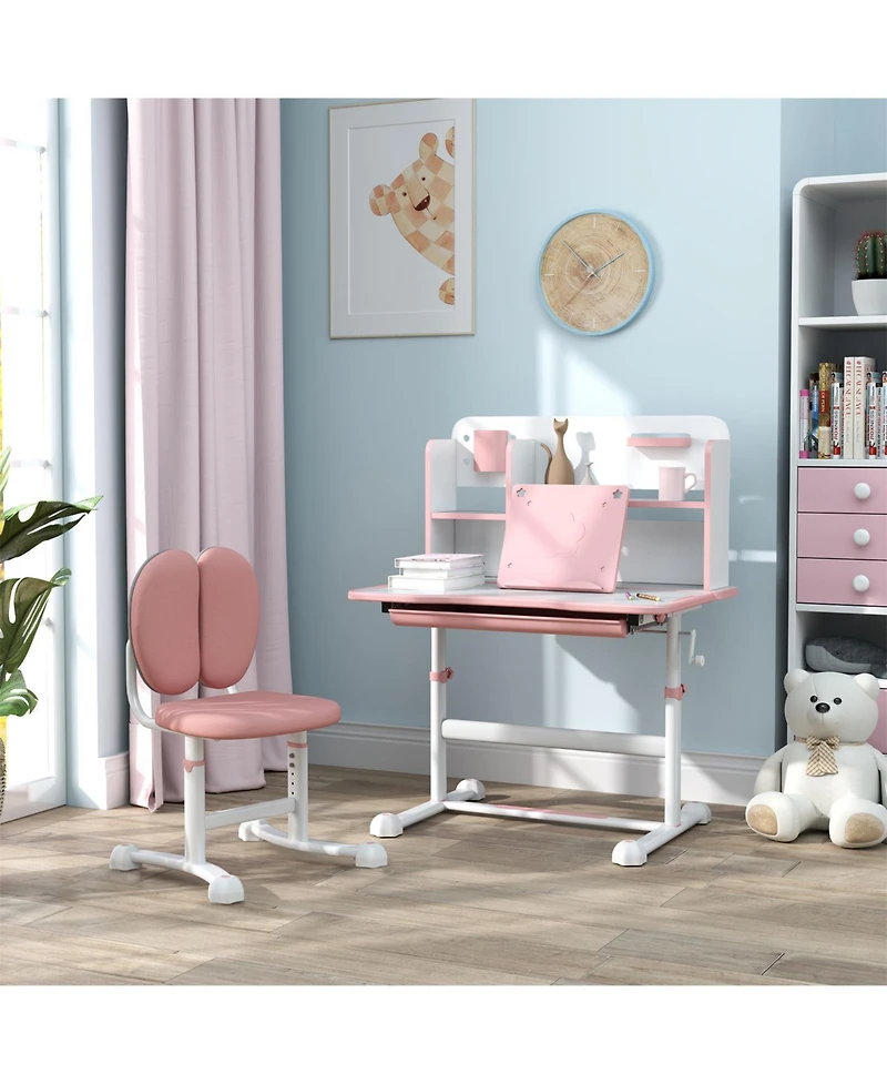 Jujabu Kids Desk and Chair Set Height Adjustable Study Desk with Tilt Desktop Storage Drawer Reading Rack for Writing Reading Drawing Pink