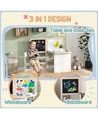Jujabu Kids Table and Chair Set 3 in 1 Art Table with Storage Shelves Foldable Blackboard Whiteboard Roll Paper for Kids 3-8 Years White