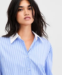 Bar Iii Women's Contrast-Collar Striped Shirt, Macy's Exclusive