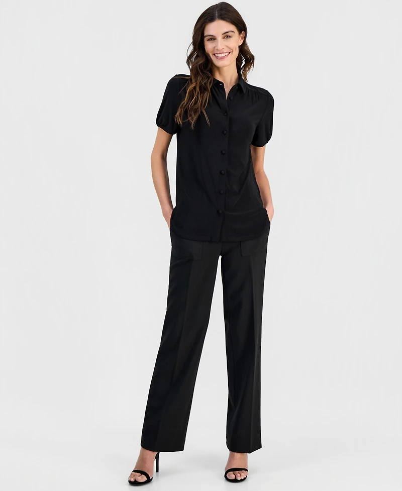 Anne Klein Women's Collared Button-Front Short-Sleeve Top