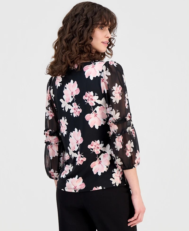 Anne Klein Women's 3/4 Sleeve Floral-Print Ruffle-Sleeve Top