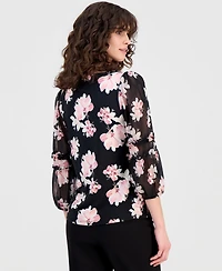 Anne Klein Women's 3/4 Sleeve Floral-Print Ruffle-Sleeve Top