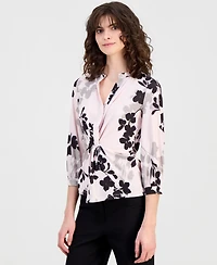 Anne Klein Women's 3/4 Sleeve Floral-Print Twisted-Front V-Neck Top