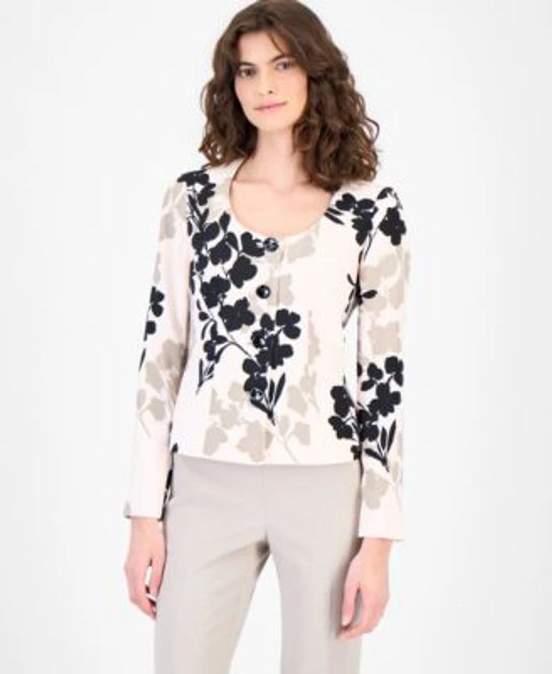 Anne Klein Womens Collarless Printed Four Button Jacket