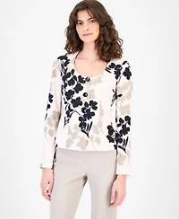 Anne Klein Womens Collarless Printed Four Button Jacket