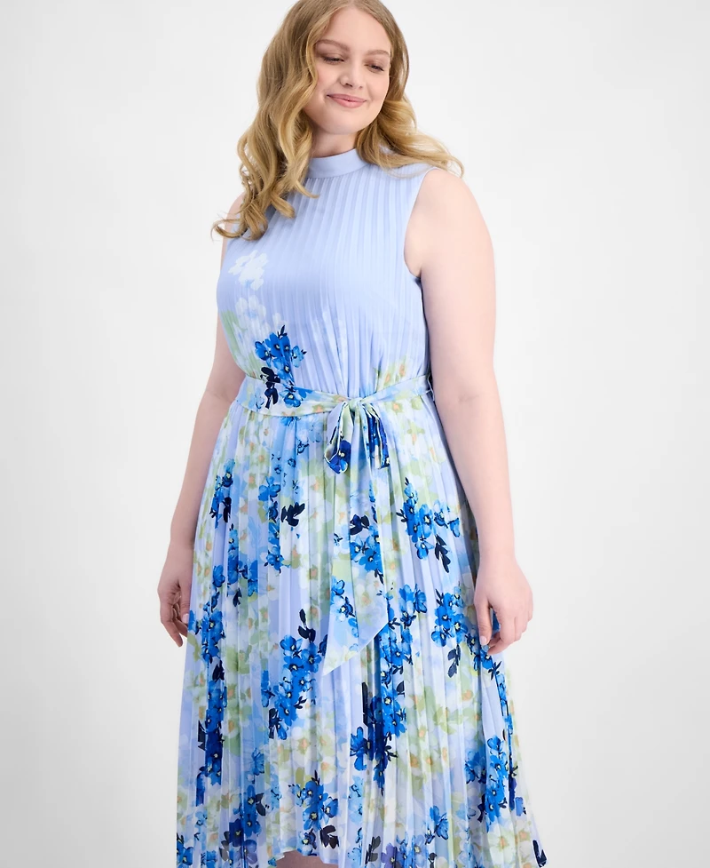 Tahari Asl Plus Printed Pleated Sleeveless Midi Dress