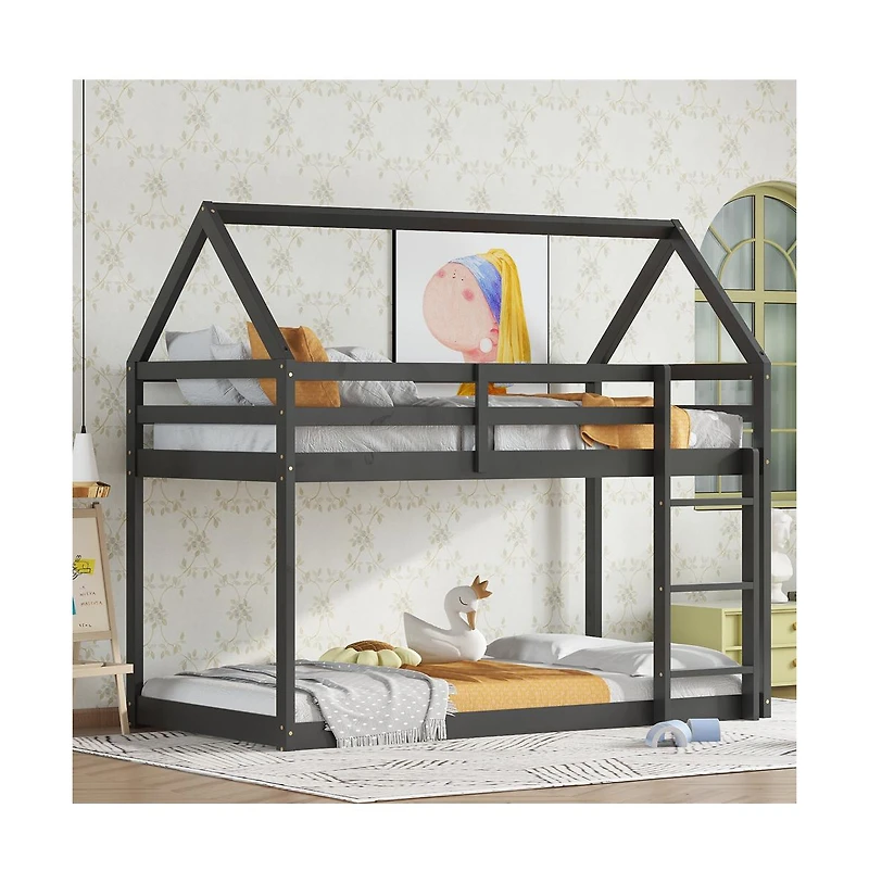 Cesicia Bunk Bed with Ladder and Guardrails Low-Height Rubber Wood Floor for Kids