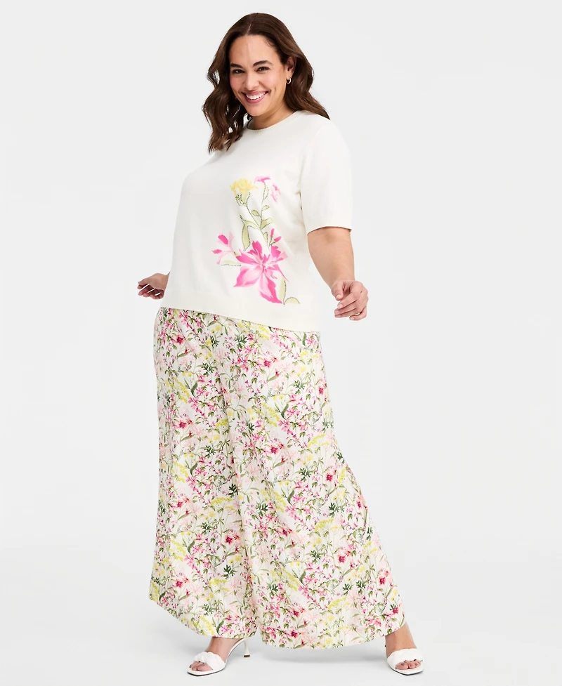 Vince Camuto Plus Printed Crew Neck Blouse