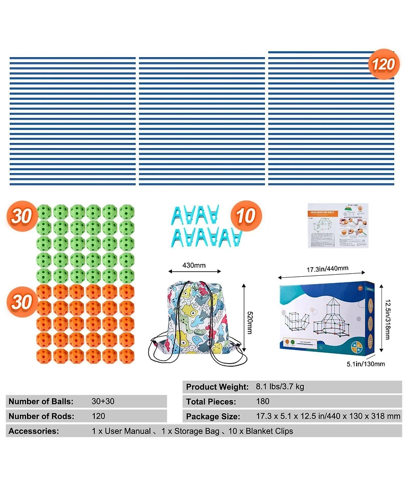 Slickblue 180PCS Kids Tent Fort Building Kit Stem Construction Set