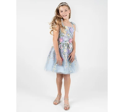 Rare Editions Girls' 7-16 3D Floral Embroidered Mesh Tie Strap Dress