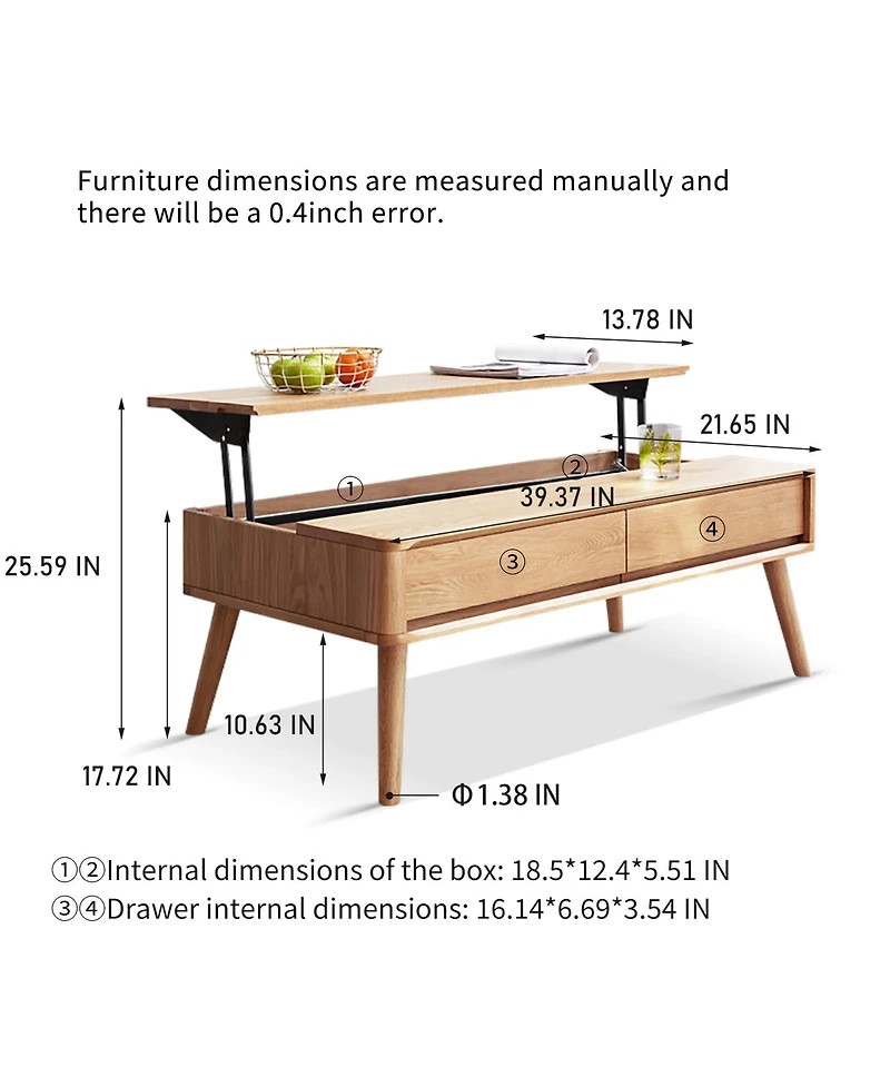 Boyel Living Solid Wood Lift-Top Coffee Table with Hidden Storage & Rounded Corners