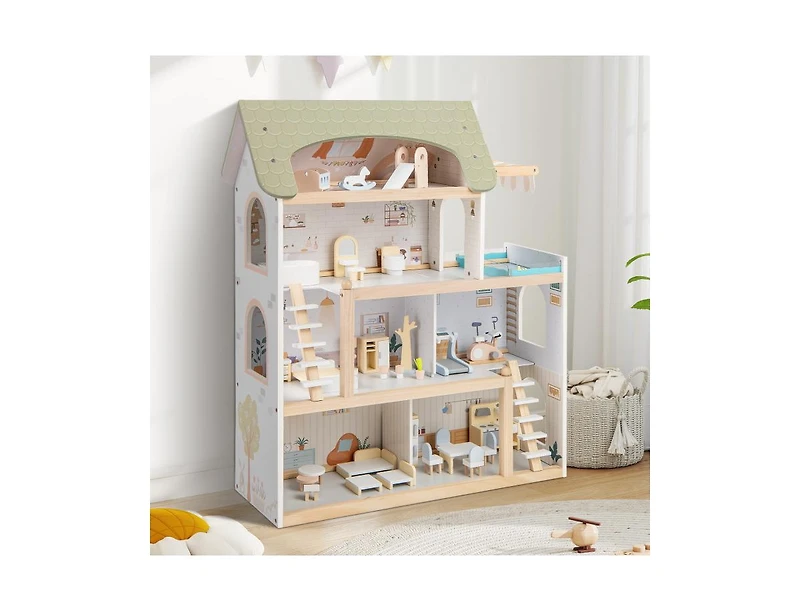 Slickblue Wooden Dollhouse Playset for Kids with 33 Furniture Pieces