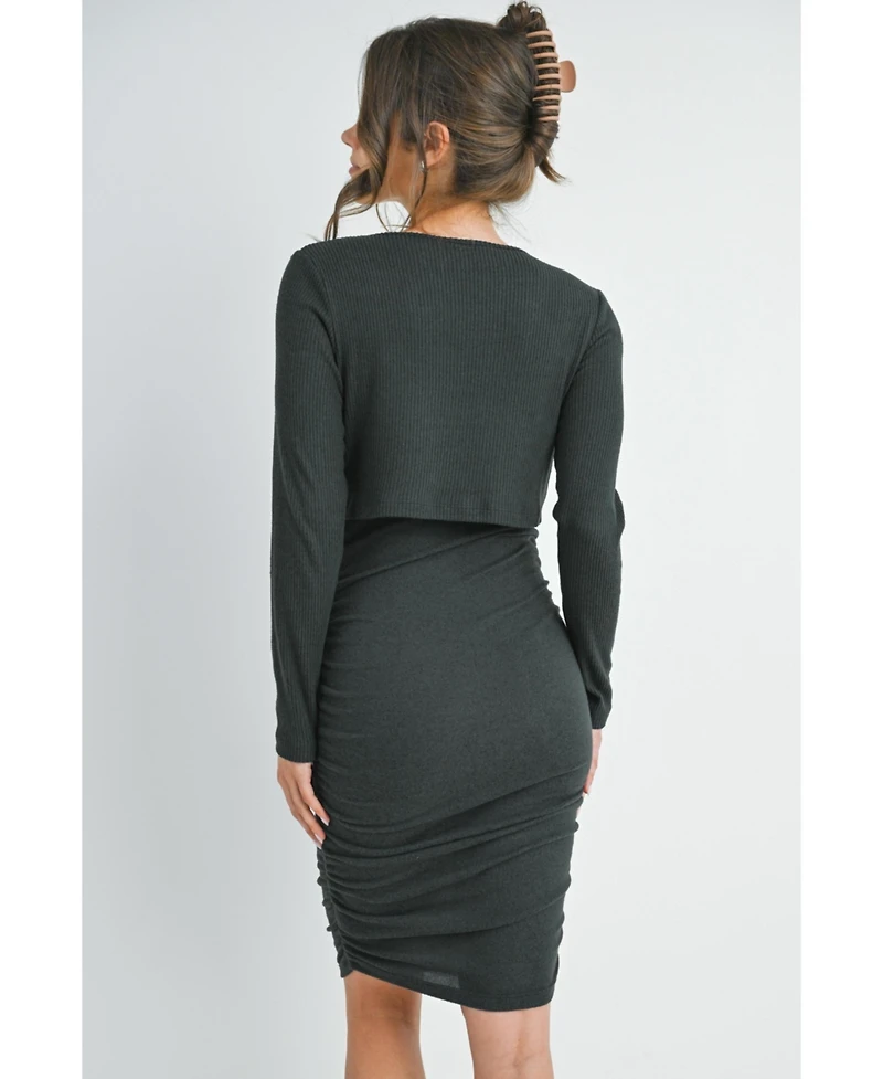 Hello Miz Maternity Long Sleeve Ribbed Side Ruched Nursing Dress