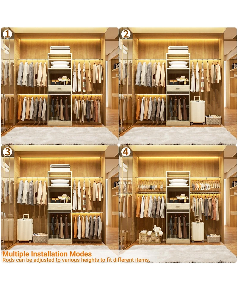 Aheaplus 20.5'' - 96'' Adjustable Closet Hanging Organizer, System with 6 Extendable Rods and A Drawer