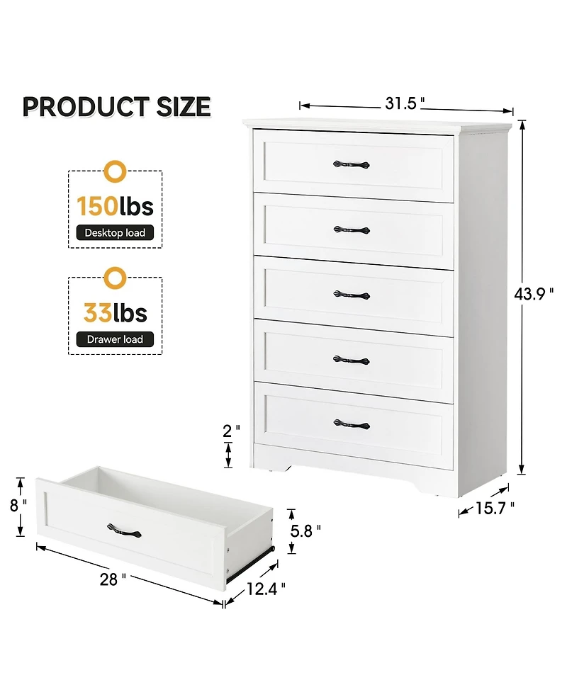 gaomon 5 Drawer White Modern Dresser, Chest of Drawers Organizers, Closet Storage Cabinet for Bedroom