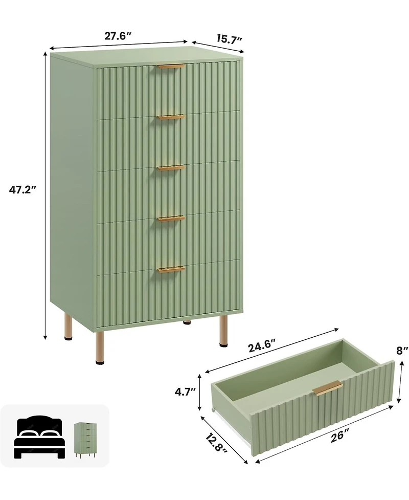 gaomon 5-Drawer Modern Fluted Green Dresser, 47.2 Inch Tall Chest with Deep Drawers, Wide Top, Organizer for Bedroom