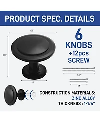 Lifemaster 6pcs 1-1/4" Kitchen Cabinet Knobs, Rust-Proof Matte Black Finish, Modern Design, Strong Zinc Alloy, Easy Installation
