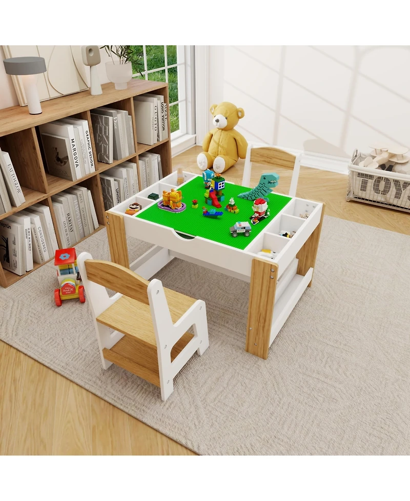 Flynama Kids 2 in 1 Play Table with 7 Storage Compartments 2 Chairs Lego Compatible Building Surface Whiteboard Modern Activity Learning Furniture