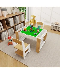 Flynama Kids 2 in 1 Play Table with 7 Storage Compartments 2 Chairs Lego Compatible Building Surface Whiteboard Modern Activity Learning Furniture