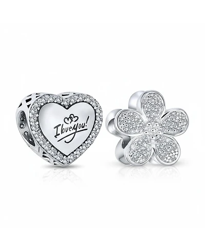 Bling Jewelry Set of 2 Words "I Love You" Crystal Accent Edge Love Heart Shape & Clear Cz Flower Shape Charm Bead Oxidized .925 Sterling Silver