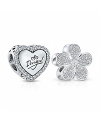 Bling Jewelry Set of 2 Words "I Love You" Crystal Accent Edge Love Heart Shape & Clear Cz Flower Shape Charm Bead Oxidized .925 Sterling Silver
