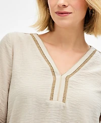 Jm Collection Women's Ladder-Trim Crinkle Gauze V-Neck Top, Macy's Exclusive