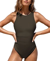 Cupshe Women's Tummy Control High Neck Cutout Back Hook Mesh One Piece Swimsuit