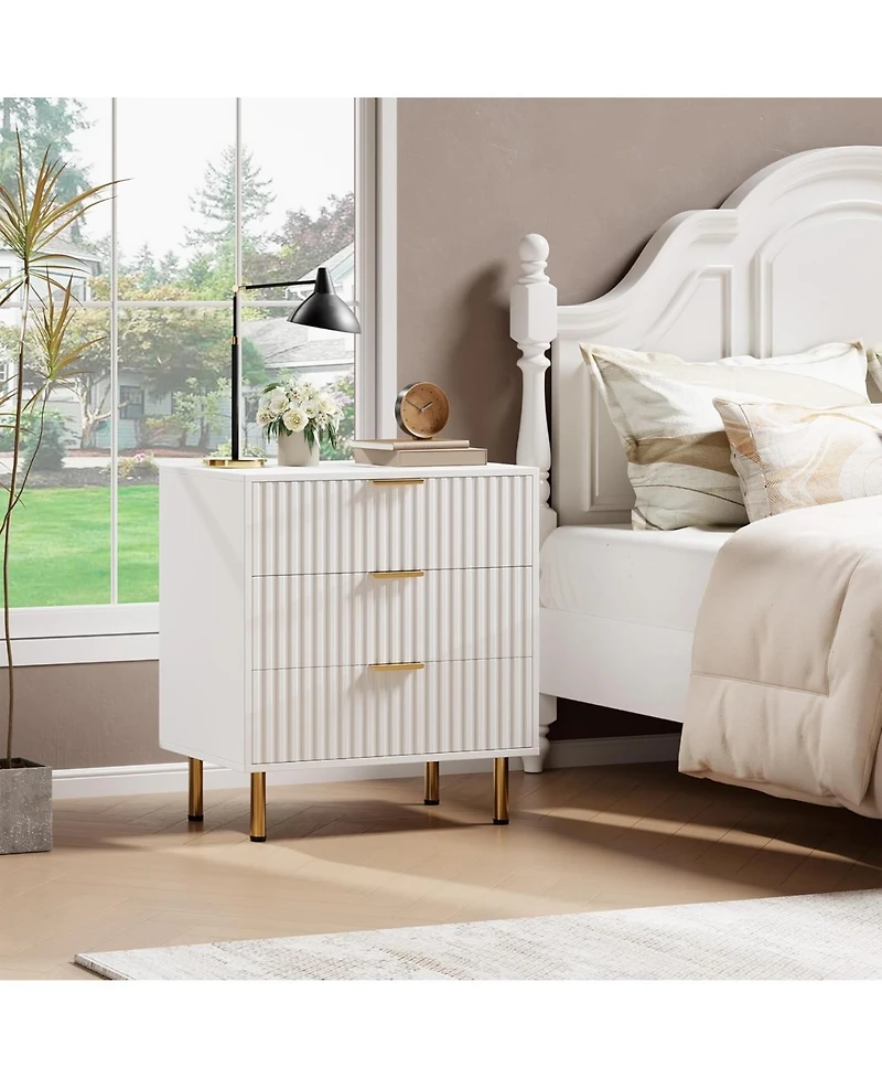 gaomon 3-Drawer White Fluted Dresser, Modern Nightstand with Deep Drawers, Wide Top, Wooden Organizer for Bedroom, Living Room, Hallway