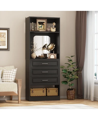 Aheaplus Mdf, Metal, Glass Freestanding Closet System with 3 Drawers, 25'' Drawer Organizer Mirror and Storage Shelves