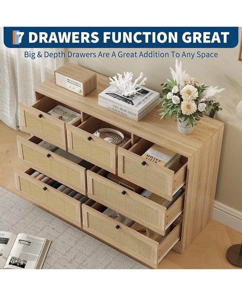 gaomon Rattan 7 Drawer Dresser for Bedroom, Farmhouse Modern Dressers & Chests of Drawers