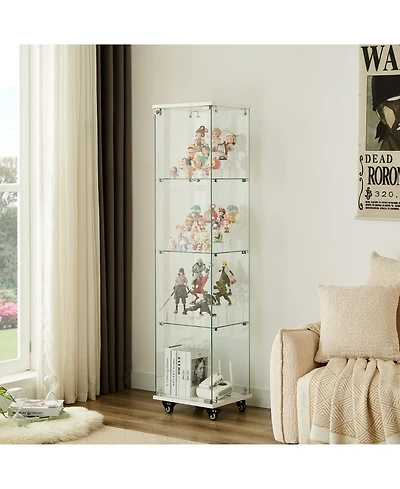 Streamdale Furniture 4 Tier Glass Display Cabinet with Lock, Wheels, and Acrylic Shelves