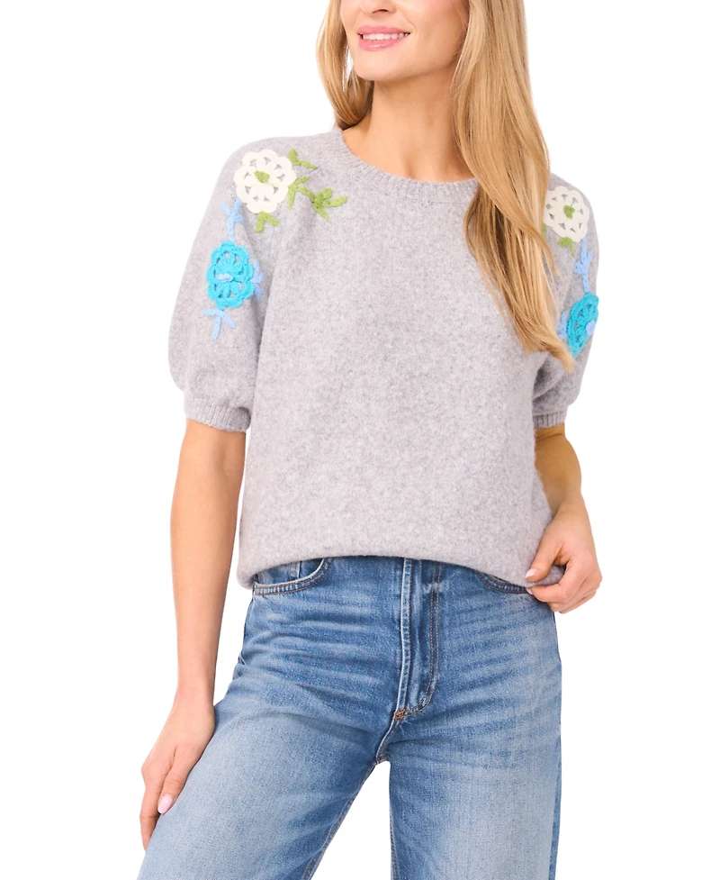 CeCe Women's Flower Embroidery Crewneck Cardigan Sweater