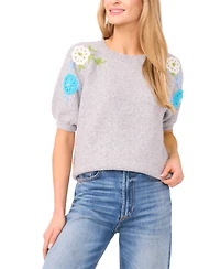 CeCe Women's Flower Embroidery Crewneck Cardigan Sweater