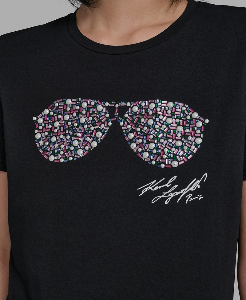 Karl Lagerfeld Paris Women's Crewneck Multi Jeweled Sunglass T-Shirt