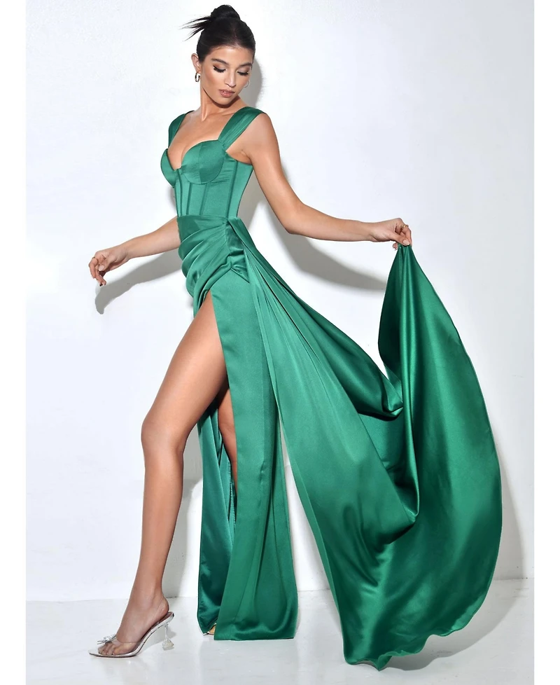 Miss Circle Women's Zayda Green High Slit Corset Satin Gown