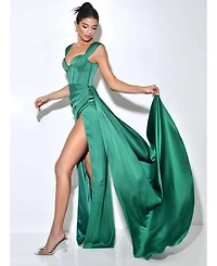Miss Circle Women's Zayda Green High Slit Corset Satin Gown