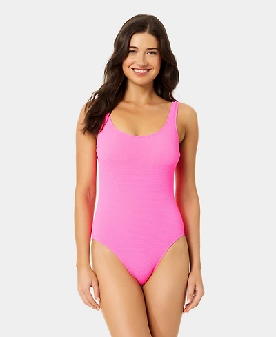 California Waves Women's Solid Popcorn Scrunch Scoop Neck One-Piece Swimsuit