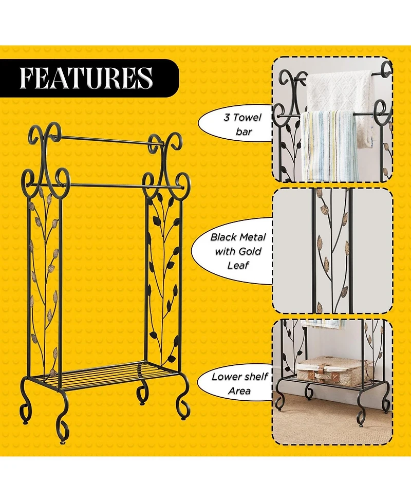 Kings Brand Furniture Black Metal with Gold Leaf Free Towel Rack Stand with Shelf