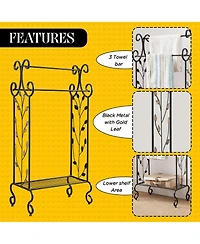 Kings Brand Furniture Black Metal with Gold Leaf Free Towel Rack Stand with Shelf