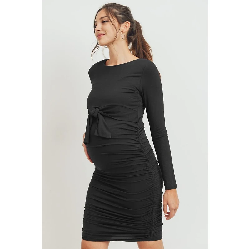 Hello Miz Maternity Front Tie Crew Neck Side Ruched Nursing Dress