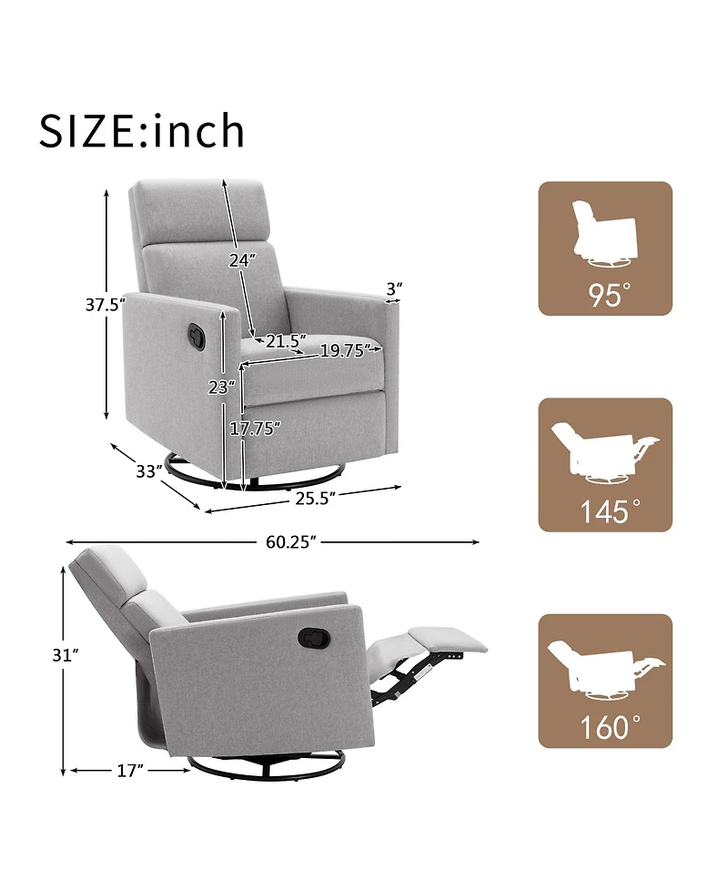 Boyel Living Modern Upholstered Nursery Chair Rocker Plush Seating Glider Swivel Recliner Chair