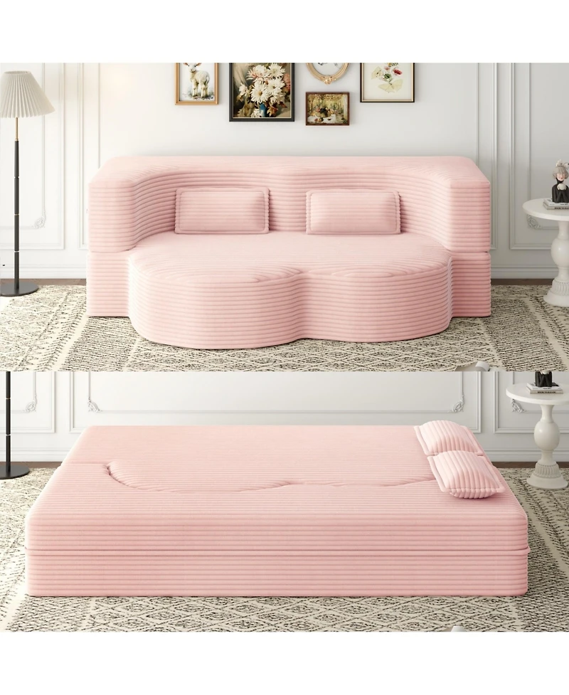 Boyel Living Modern Convertible Floor Sofa with 2 Pillows, Plush Corduroy Foam-Filled Sleeper Bed, 78" Full-Size Folding Mattre