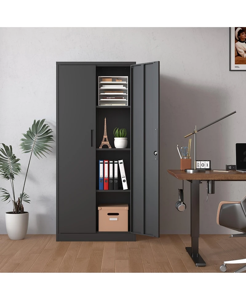 Boyel Living 71"H Metal Garage Storage Cabinet, Black Tool Steel Locking Cabinet with Doors and 3 Shelves