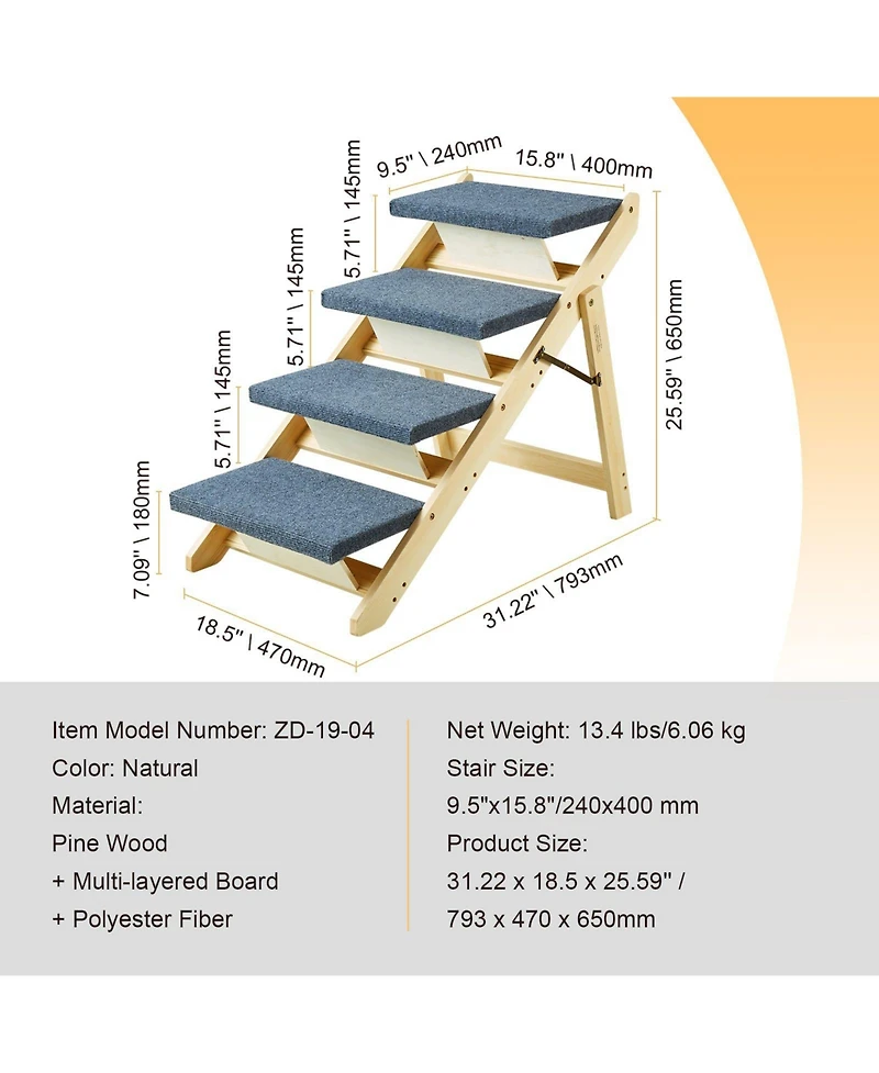 Cozito Convertible 4-Step Wooden Pet Stairs & Ramp, Holds up to 150 lbs.