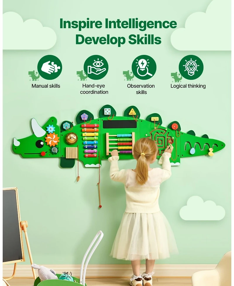 Mecale Dinosaur Activity Wall Busy Board, Montessori Sensory Wall Panel with 11 Activities for Kids Ages 3–12