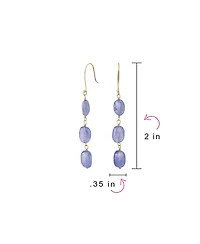 Bling Jewelry Long Linear Yellow 14K Gold Three Oval Natural Garnet Turquoise Tanzanite Dangling Earrings Fish Hook